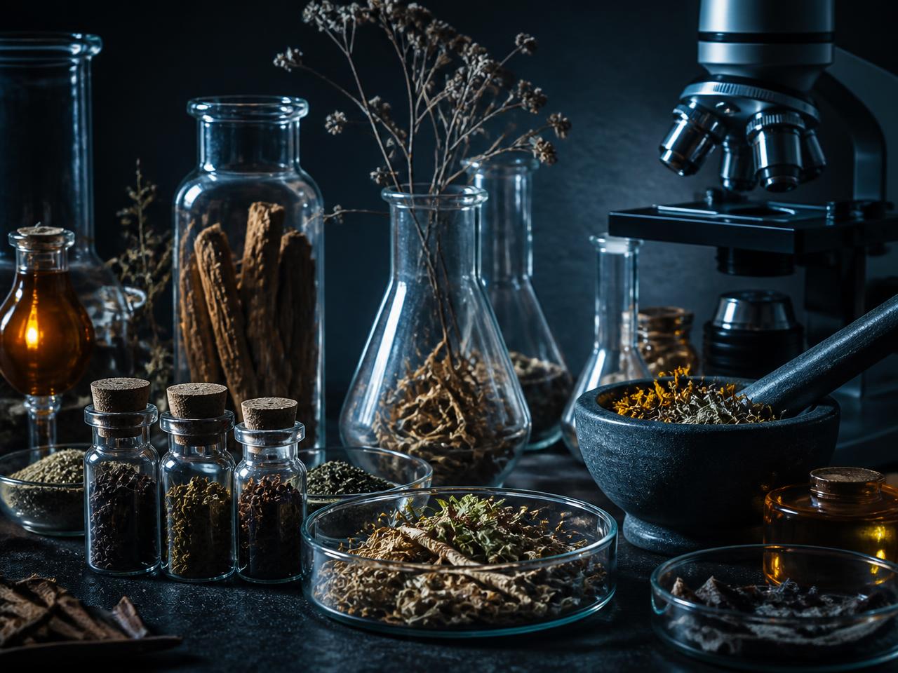 Laboratory glassware with Ayurvedic botanicals and a microscope