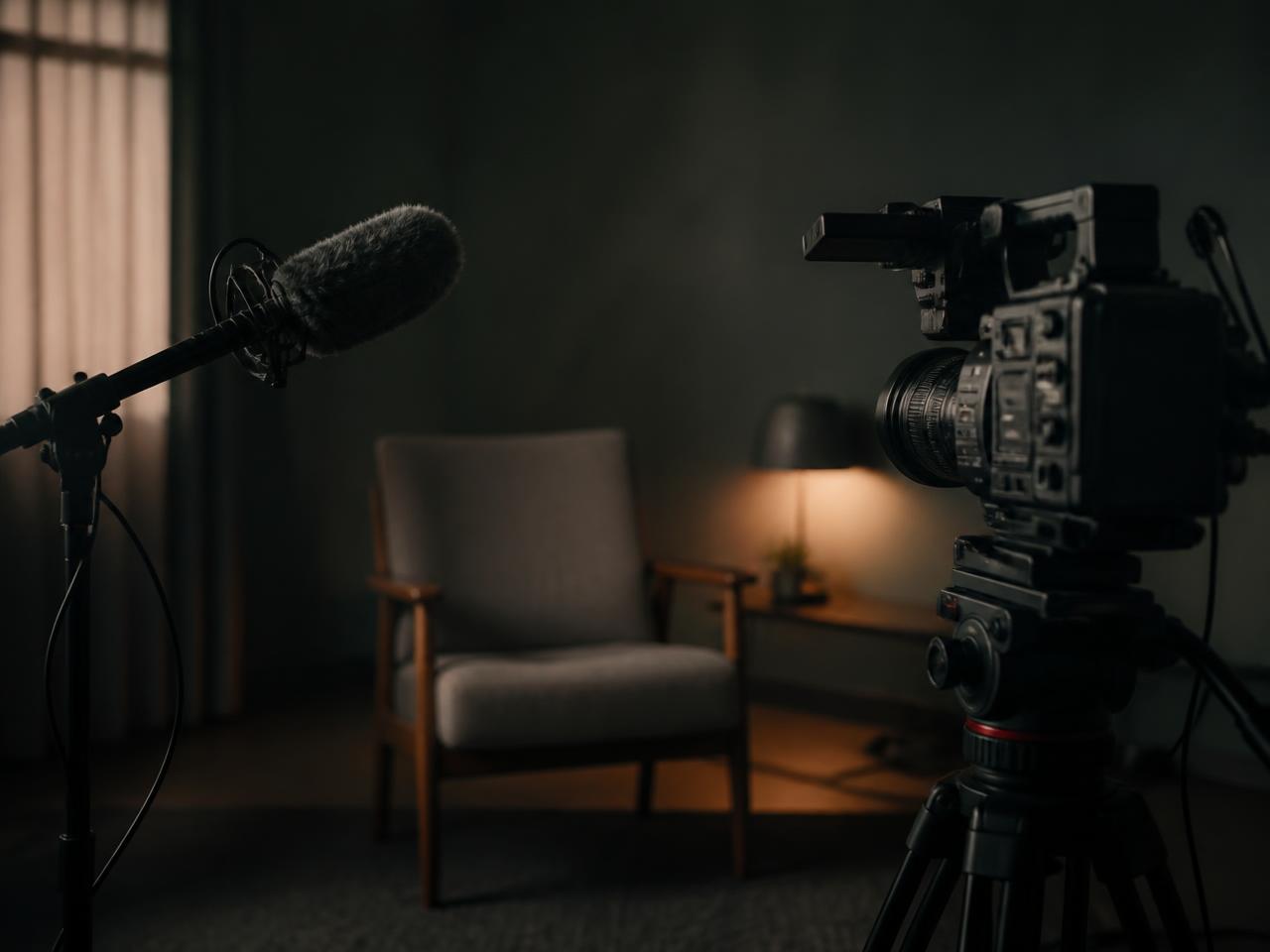 Documentary interview setup with camera and microphone facing an empty chair