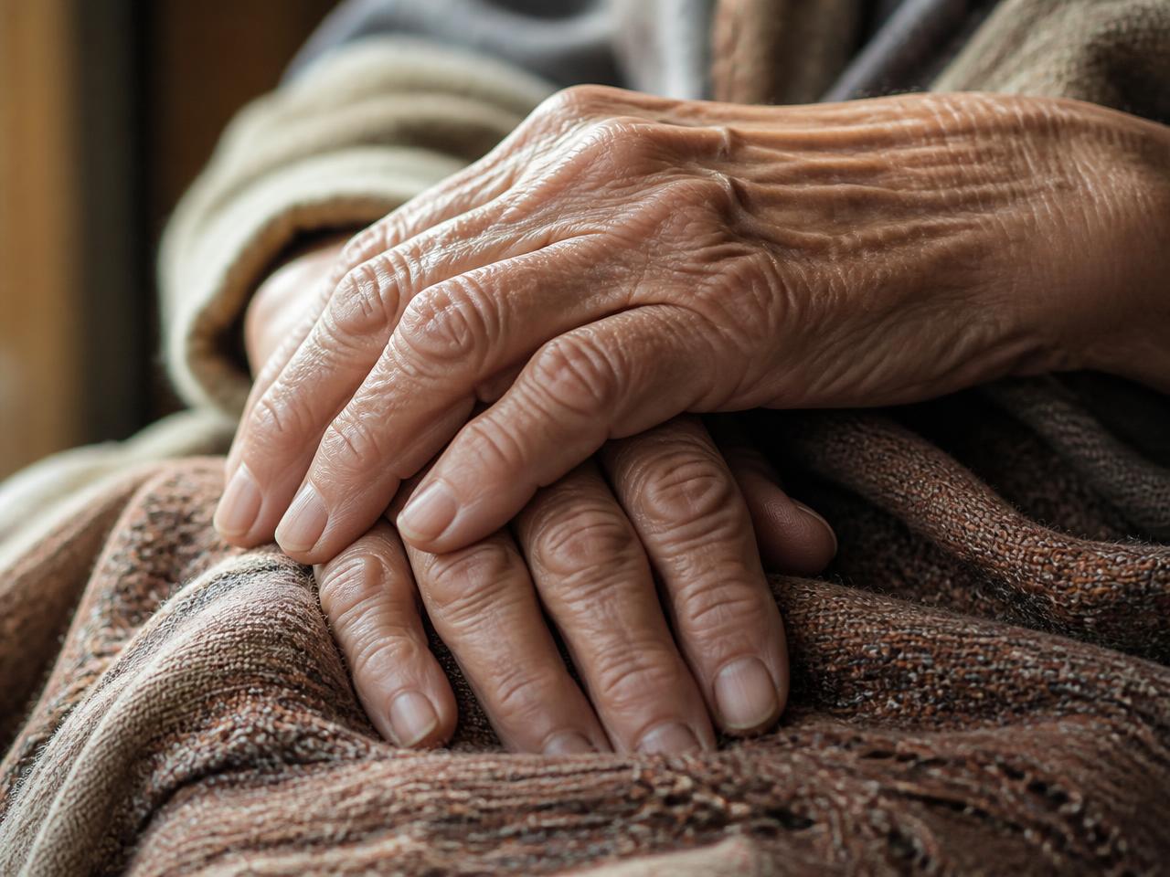Elderly hands resting on a woven shawl